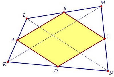 Произвольный четырёхугольник, середины сторон и площади (вар. 49)
